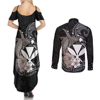 Hawaiian Whale and Kanaka Maoli Symbol Couples Matching Summer Maxi Dress and Long Sleeve Button Shirt Hibiscus with Hawaii Map and Polynesian Tattoo Grayscale Color LT03 - Polynesian Pride