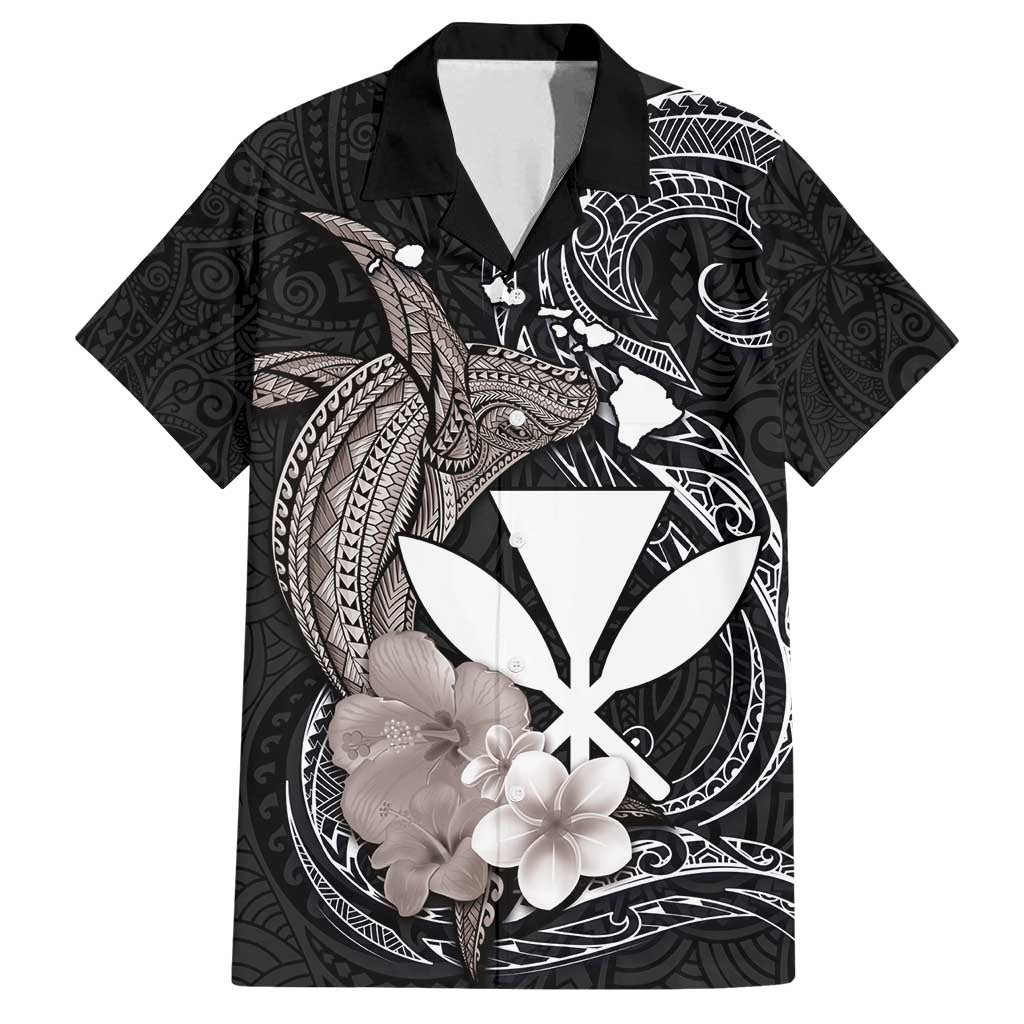 Hawaiian Whale and Kanaka Maoli Symbol Family Matching Long Sleeve Bodycon Dress and Hawaiian Shirt Hibiscus with Hawaii Map and Polynesian Tattoo Grayscale Color LT03 Dad's Shirt - Short Sleeve Black - Polynesian Pride