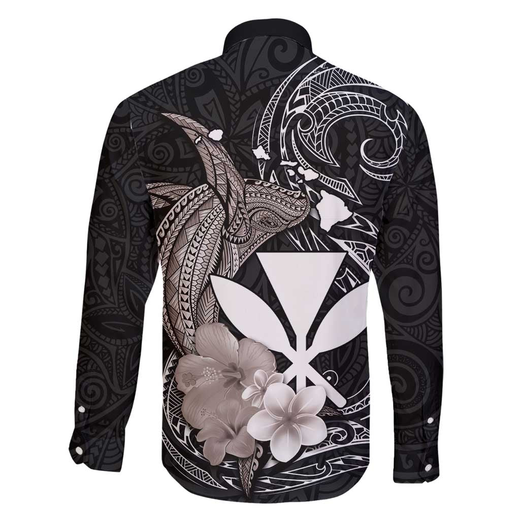 Hawaiian Whale and Kanaka Maoli Symbol Family Matching Long Sleeve Bodycon Dress and Hawaiian Shirt Hibiscus with Hawaii Map and Polynesian Tattoo Grayscale Color LT03 - Polynesian Pride