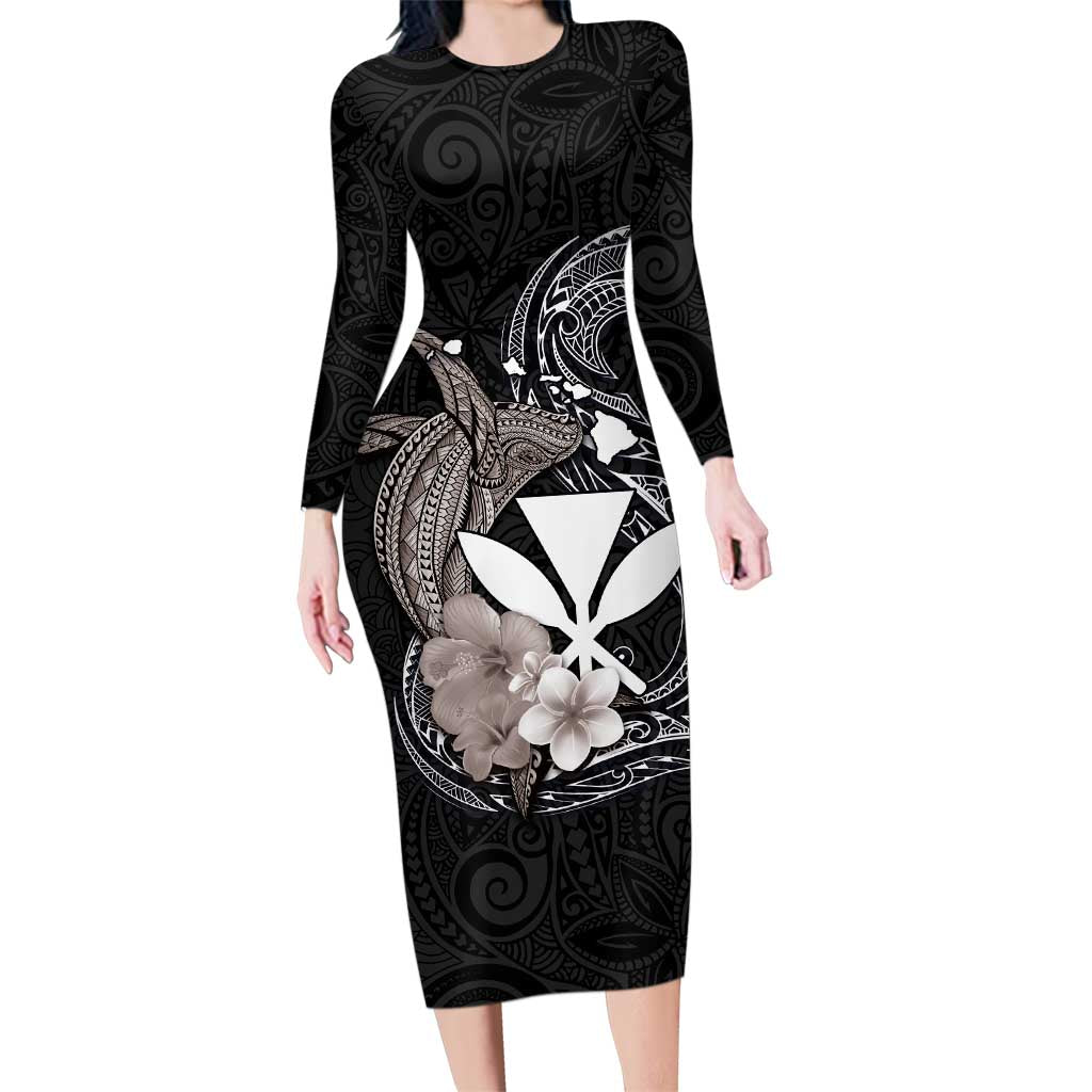 Hawaiian Whale and Kanaka Maoli Symbol Family Matching Long Sleeve Bodycon Dress and Hawaiian Shirt Hibiscus with Hawaii Map and Polynesian Tattoo Grayscale Color LT03 Mom's Dress Black - Polynesian Pride