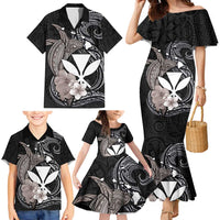 Hawaiian Whale and Kanaka Maoli Symbol Family Matching Mermaid Dress and Hawaiian Shirt Hibiscus with Hawaii Map and Polynesian Tattoo Grayscale Color LT03 - Polynesian Pride