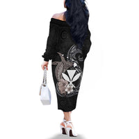 Hawaiian Whale and Kanaka Maoli Symbol Family Matching Off The Shoulder Long Sleeve Dress and Hawaiian Shirt Hibiscus with Hawaii Map and Polynesian Tattoo Grayscale Color LT03 - Polynesian Pride