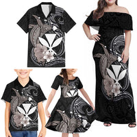 Hawaiian Whale and Kanaka Maoli Symbol Family Matching Off Shoulder Maxi Dress and Hawaiian Shirt Hibiscus with Hawaii Map and Polynesian Tattoo Grayscale Color LT03 - Polynesian Pride