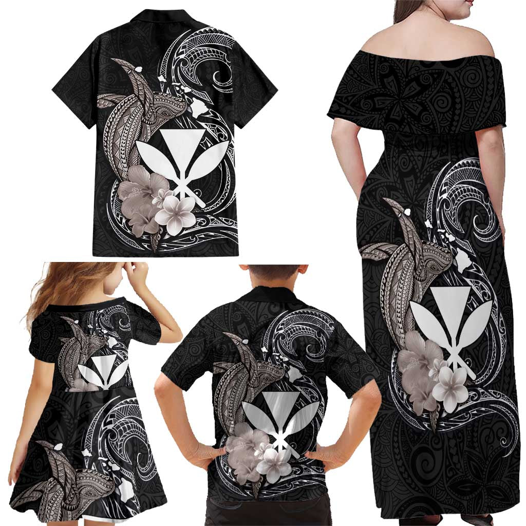 Hawaiian Whale and Kanaka Maoli Symbol Family Matching Off Shoulder Maxi Dress and Hawaiian Shirt Hibiscus with Hawaii Map and Polynesian Tattoo Grayscale Color LT03 - Polynesian Pride