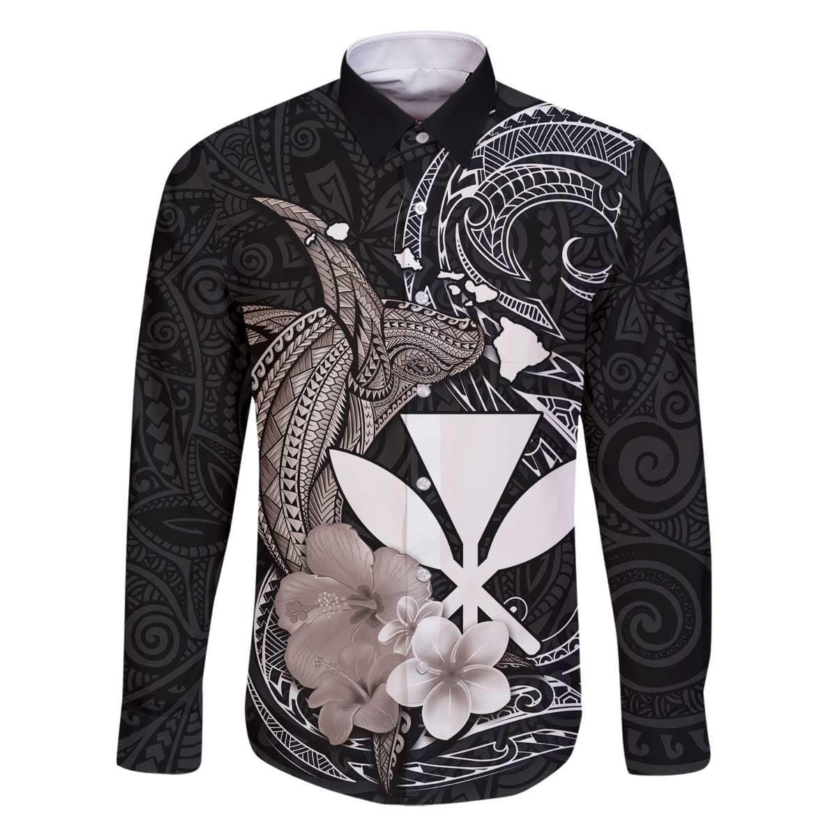 Hawaiian Whale and Kanaka Maoli Symbol Family Matching Puletasi and Hawaiian Shirt Hibiscus with Hawaii Map and Polynesian Tattoo Grayscale Color LT03 Dad's Shirt - Long Sleeve Black - Polynesian Pride