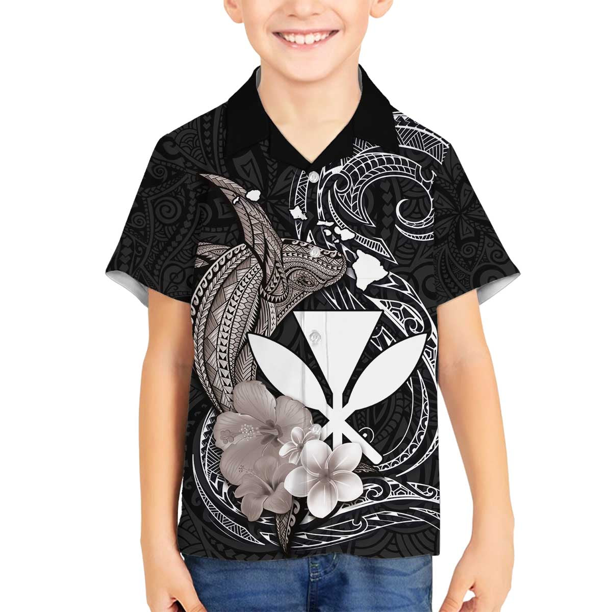 Hawaiian Whale and Kanaka Maoli Symbol Family Matching Puletasi and Hawaiian Shirt Hibiscus with Hawaii Map and Polynesian Tattoo Grayscale Color LT03 Son's Shirt Black - Polynesian Pride