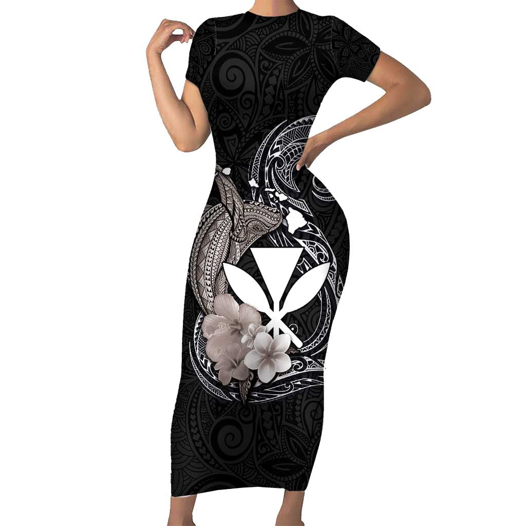 Hawaiian Whale and Kanaka Maoli Symbol Family Matching Short Sleeve Bodycon Dress and Hawaiian Shirt Hibiscus with Hawaii Map and Polynesian Tattoo Grayscale Color LT03 Mom's Dress Black - Polynesian Pride