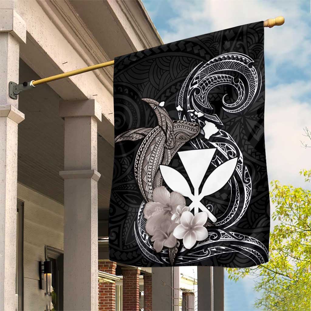 Hawaiian Whale and Kanaka Maoli Symbol Garden Flag Hibiscus with Hawaii Map and Polynesian Tattoo Grayscale Color LT03 House Flag Black - Polynesian Pride