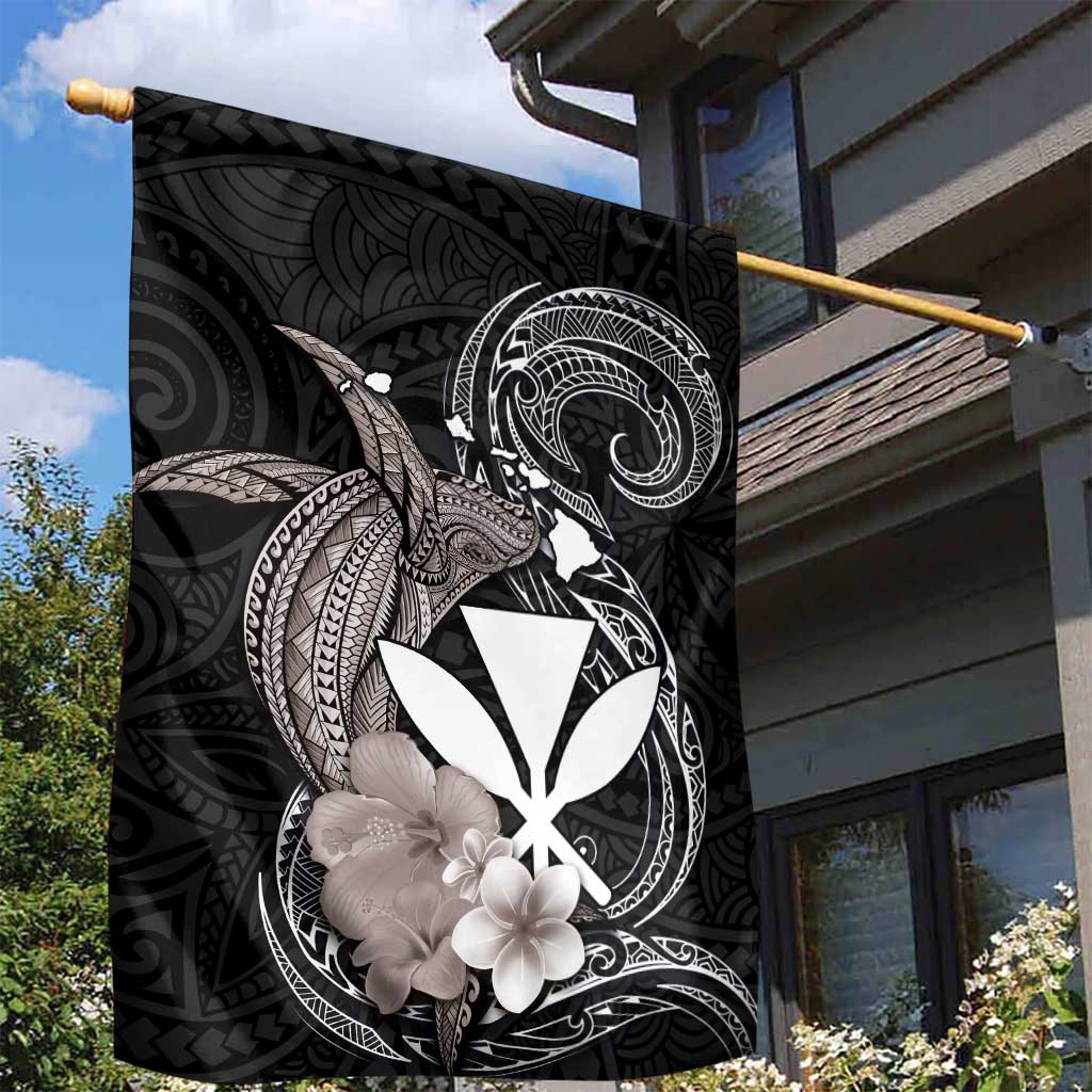 Hawaiian Whale and Kanaka Maoli Symbol Garden Flag Hibiscus with Hawaii Map and Polynesian Tattoo Grayscale Color LT03 - Polynesian Pride