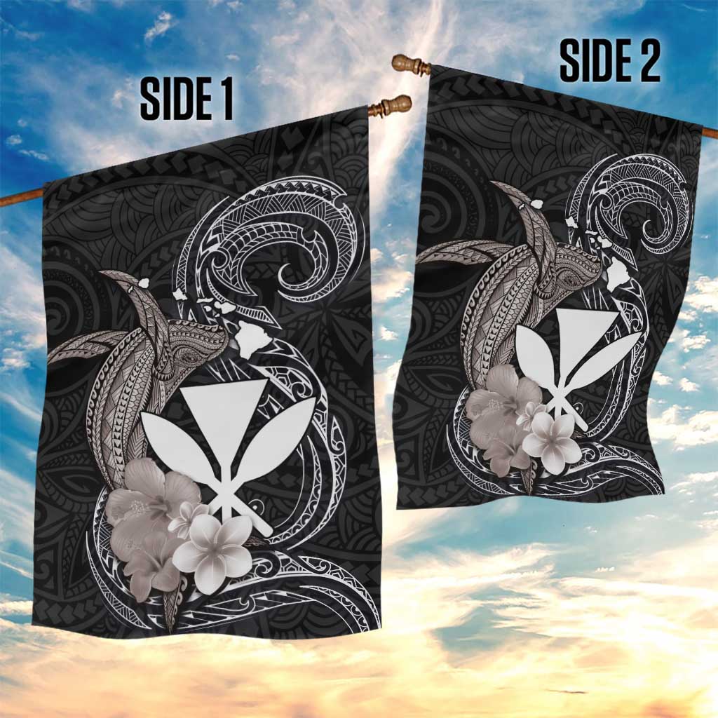 Hawaiian Whale and Kanaka Maoli Symbol Garden Flag Hibiscus with Hawaii Map and Polynesian Tattoo Grayscale Color LT03 - Polynesian Pride