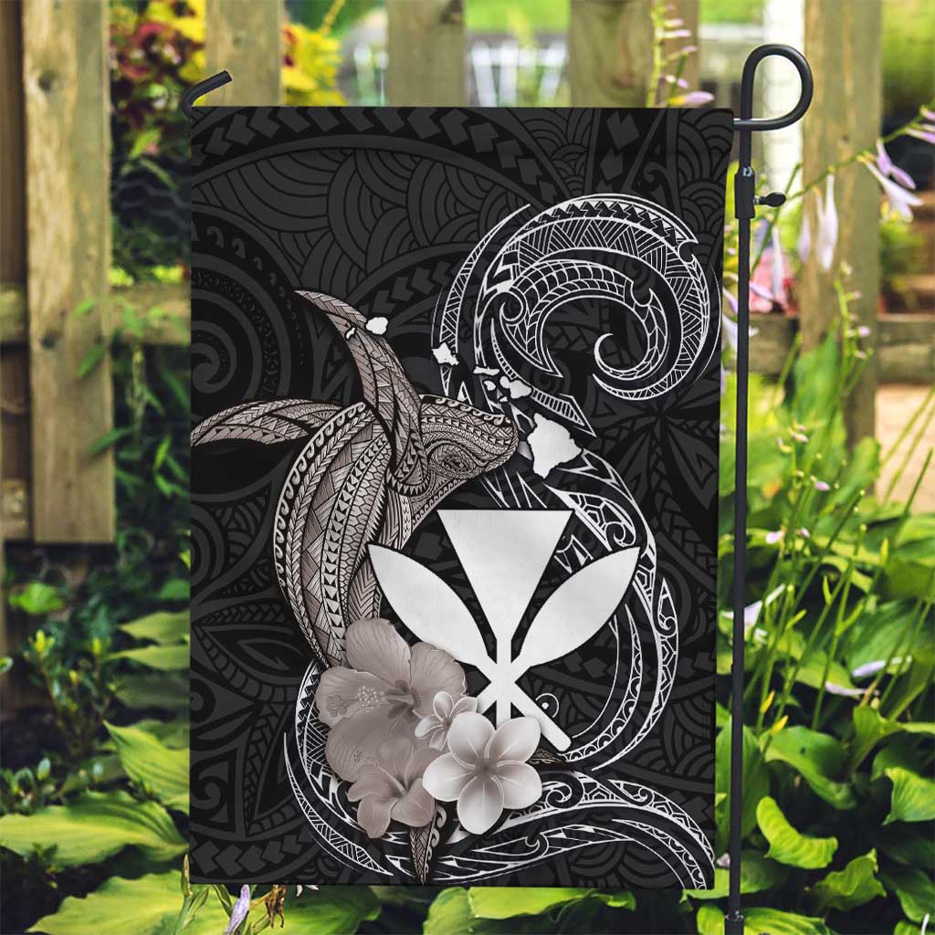 Hawaiian Whale and Kanaka Maoli Symbol Garden Flag Hibiscus with Hawaii Map and Polynesian Tattoo Grayscale Color LT03 Garden Flag Black - Polynesian Pride