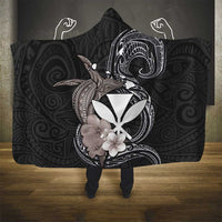 Hawaiian Whale and Kanaka Maoli Symbol Hooded Blanket Hibiscus with Hawaii Map and Polynesian Tattoo Grayscale Color LT03 - Polynesian Pride