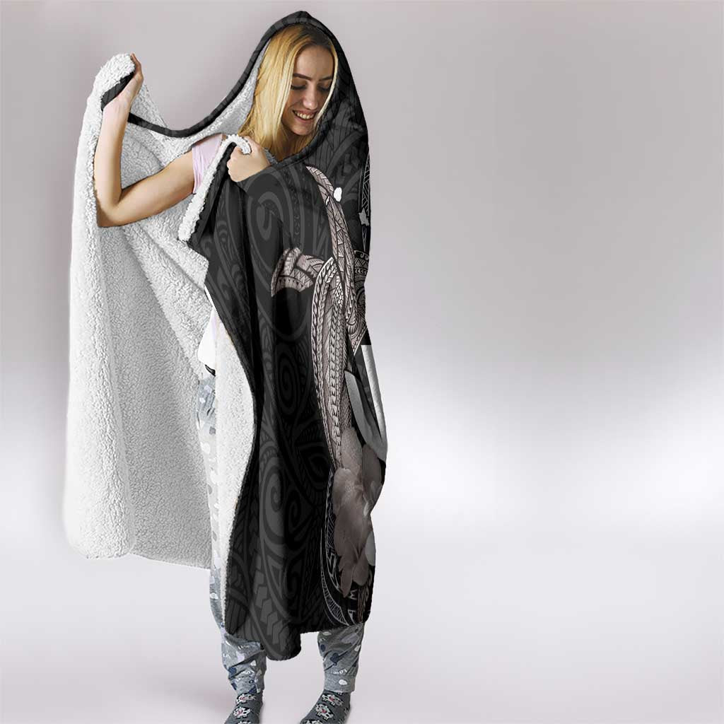 Hawaiian Whale and Kanaka Maoli Symbol Hooded Blanket Hibiscus with Hawaii Map and Polynesian Tattoo Grayscale Color LT03 - Polynesian Pride