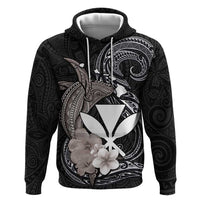 Hawaiian Whale and Kanaka Maoli Symbol Hoodie Hibiscus with Hawaii Map and Polynesian Tattoo Grayscale Color LT03 Pullover Hoodie Black - Polynesian Pride
