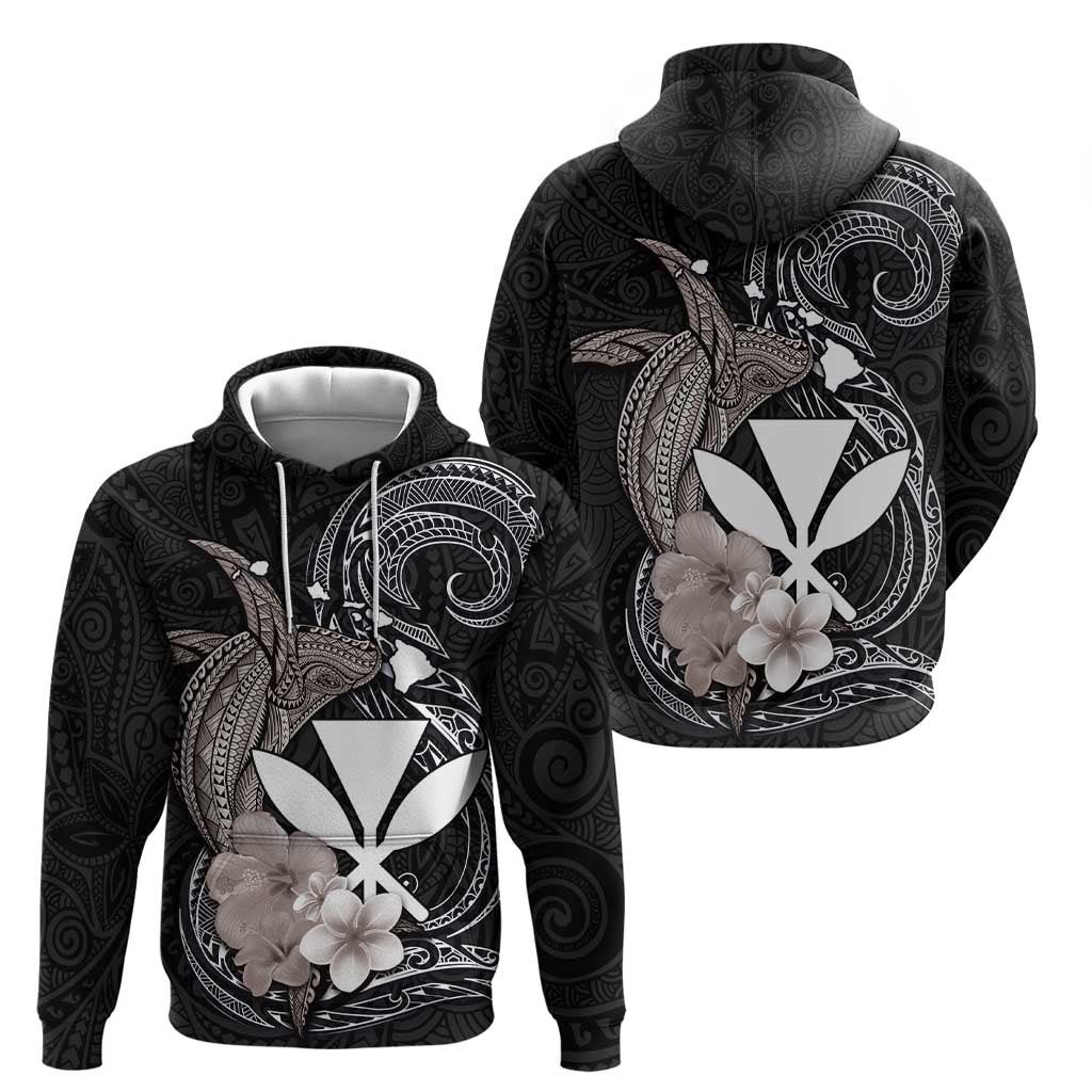 Hawaiian Whale and Kanaka Maoli Symbol Hoodie Hibiscus with Hawaii Map and Polynesian Tattoo Grayscale Color LT03 - Polynesian Pride