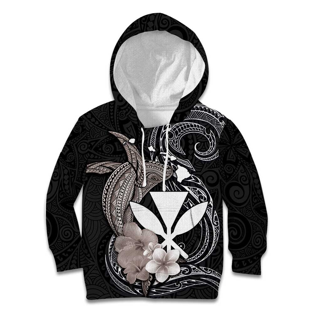 Hawaiian Whale and Kanaka Maoli Symbol Kid Hoodie Hibiscus with Hawaii Map and Polynesian Tattoo Grayscale Color LT03 Hoodie Black - Polynesian Pride