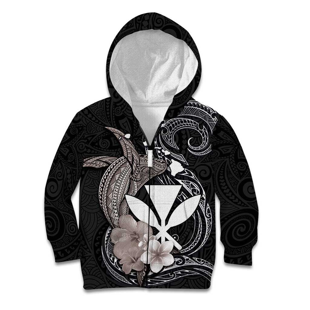 Hawaiian Whale and Kanaka Maoli Symbol Kid Hoodie Hibiscus with Hawaii Map and Polynesian Tattoo Grayscale Color LT03 Zip Hoodie Black - Polynesian Pride