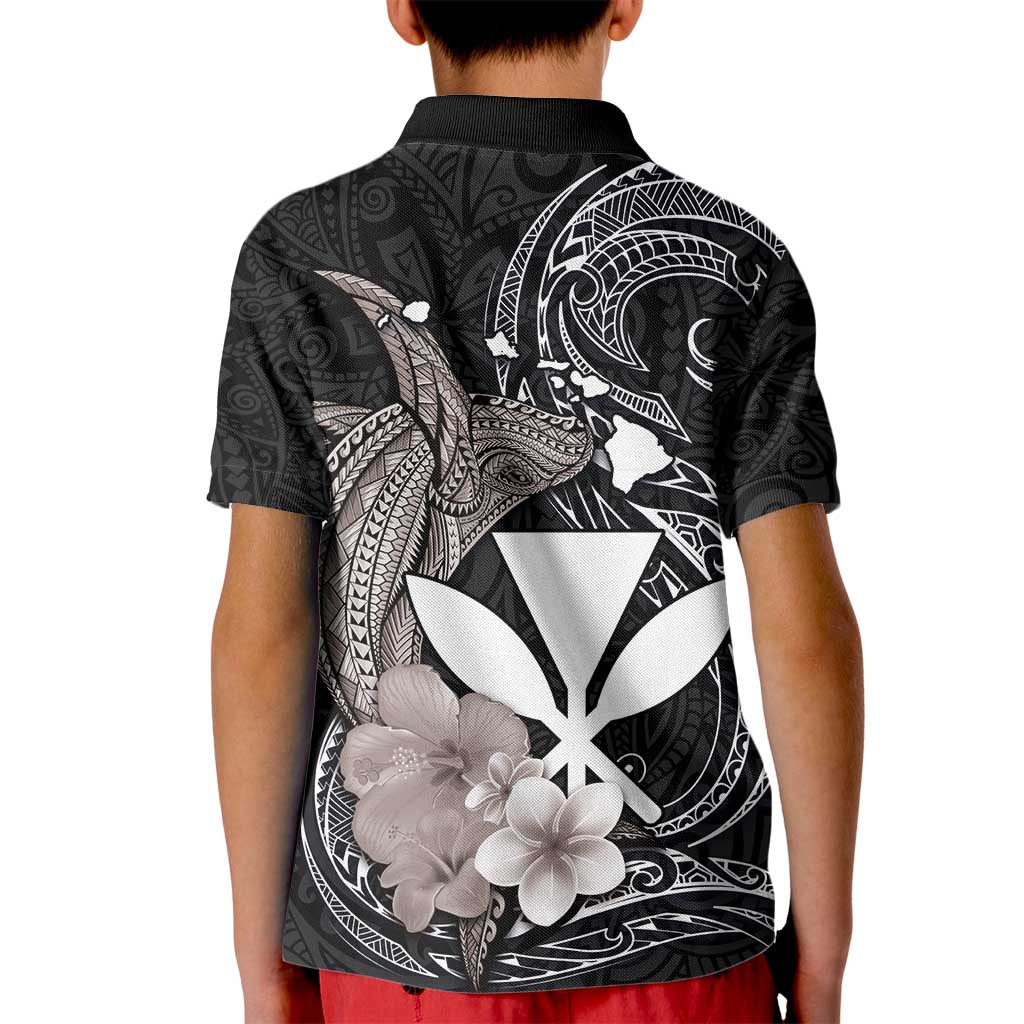 Hawaiian Whale and Kanaka Maoli Symbol Kid Polo Shirt Hibiscus with Hawaii Map and Polynesian Tattoo Grayscale Color LT03 - Polynesian Pride
