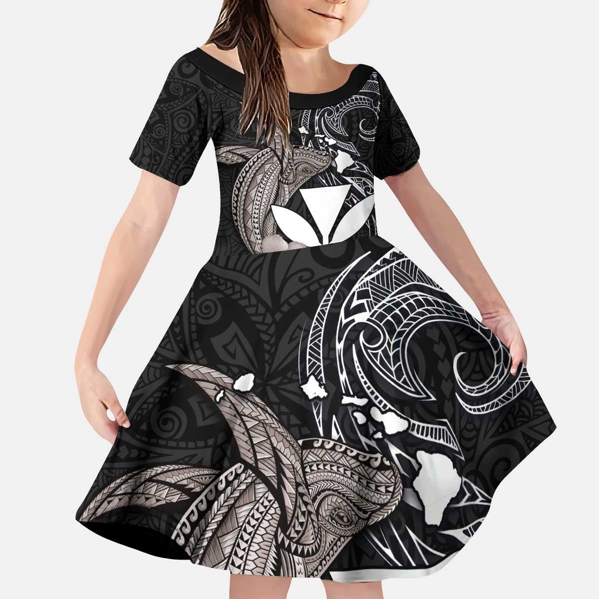 Hawaiian Whale and Kanaka Maoli Symbol Kid Short Sleeve Dress Hibiscus with Hawaii Map and Polynesian Tattoo Grayscale Color LT03 KID Black - Polynesian Pride