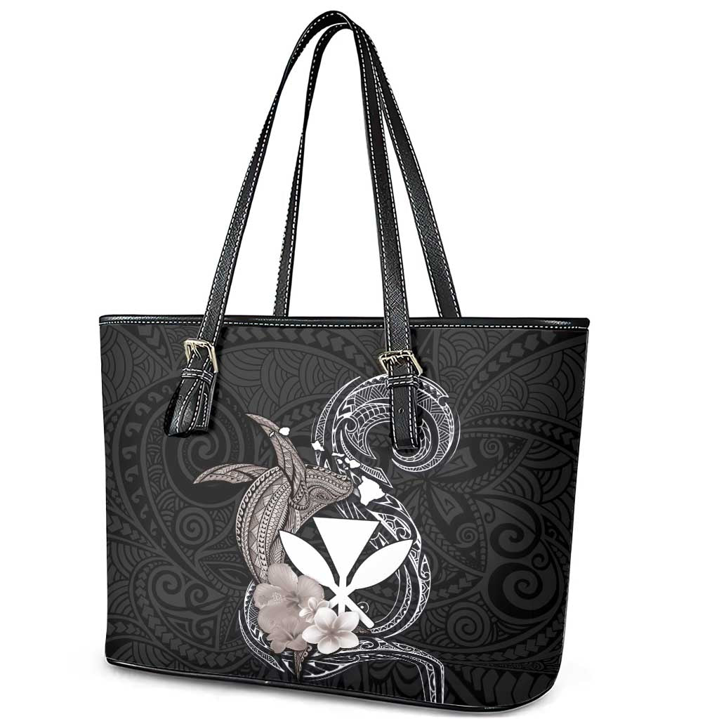Hawaiian Whale and Kanaka Maoli Symbol Leather Tote Bag Hibiscus with Hawaii Map and Polynesian Tattoo Grayscale Color LT03 - Polynesian Pride