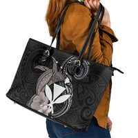 Hawaiian Whale and Kanaka Maoli Symbol Leather Tote Bag Hibiscus with Hawaii Map and Polynesian Tattoo Grayscale Color LT03 - Polynesian Pride