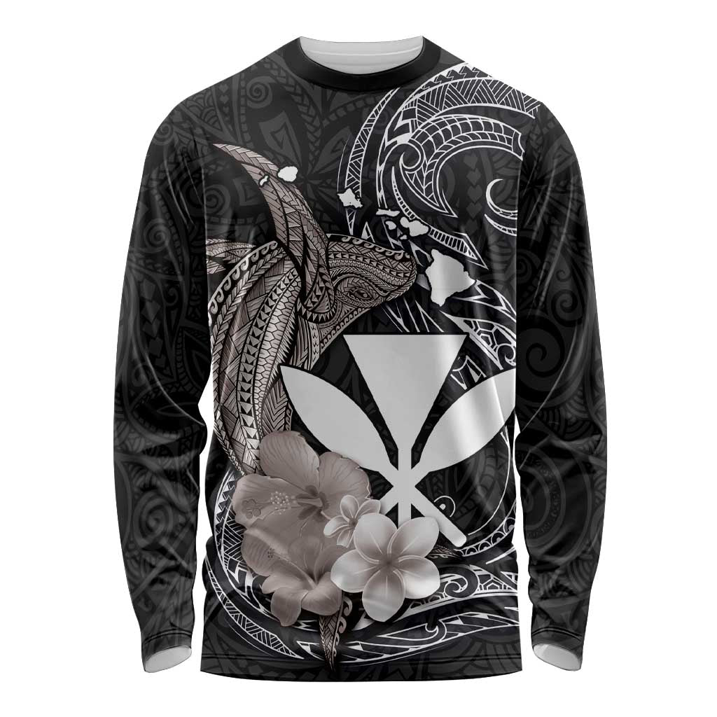 Hawaiian Whale and Kanaka Maoli Symbol Long Sleeve Shirt Hibiscus with Hawaii Map and Polynesian Tattoo Grayscale Color LT03 Unisex Black - Polynesian Pride