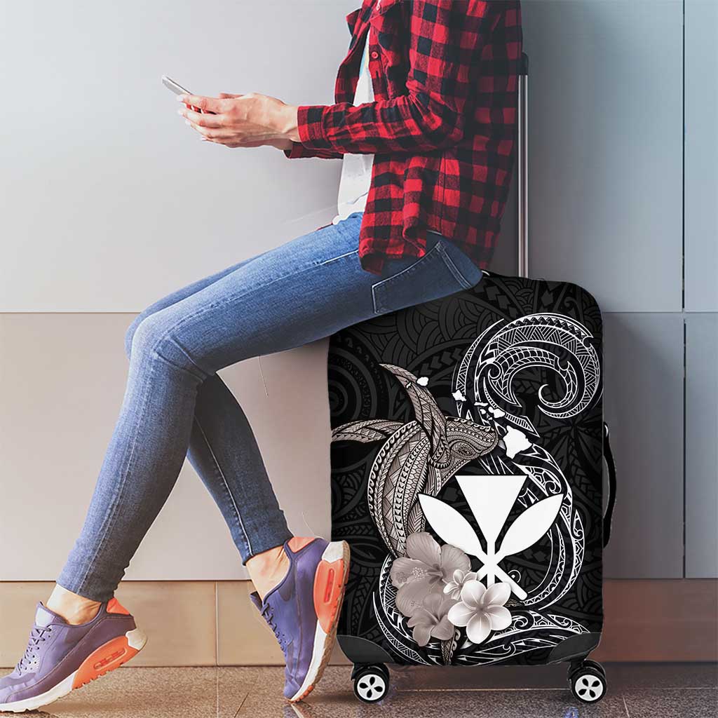 Hawaiian Whale and Kanaka Maoli Symbol Luggage Cover Hibiscus with Hawaii Map and Polynesian Tattoo Grayscale Color LT03 - Polynesian Pride
