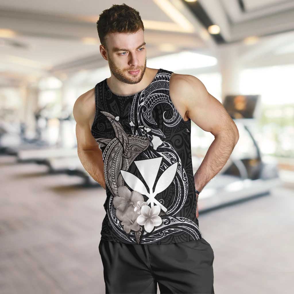 Hawaiian Whale and Kanaka Maoli Symbol Men Tank Top Hibiscus with Hawaii Map and Polynesian Tattoo Grayscale Color LT03 Black - Polynesian Pride