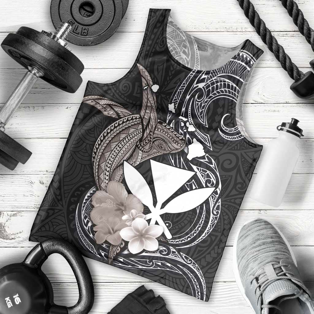 Hawaiian Whale and Kanaka Maoli Symbol Men Tank Top Hibiscus with Hawaii Map and Polynesian Tattoo Grayscale Color LT03 - Polynesian Pride