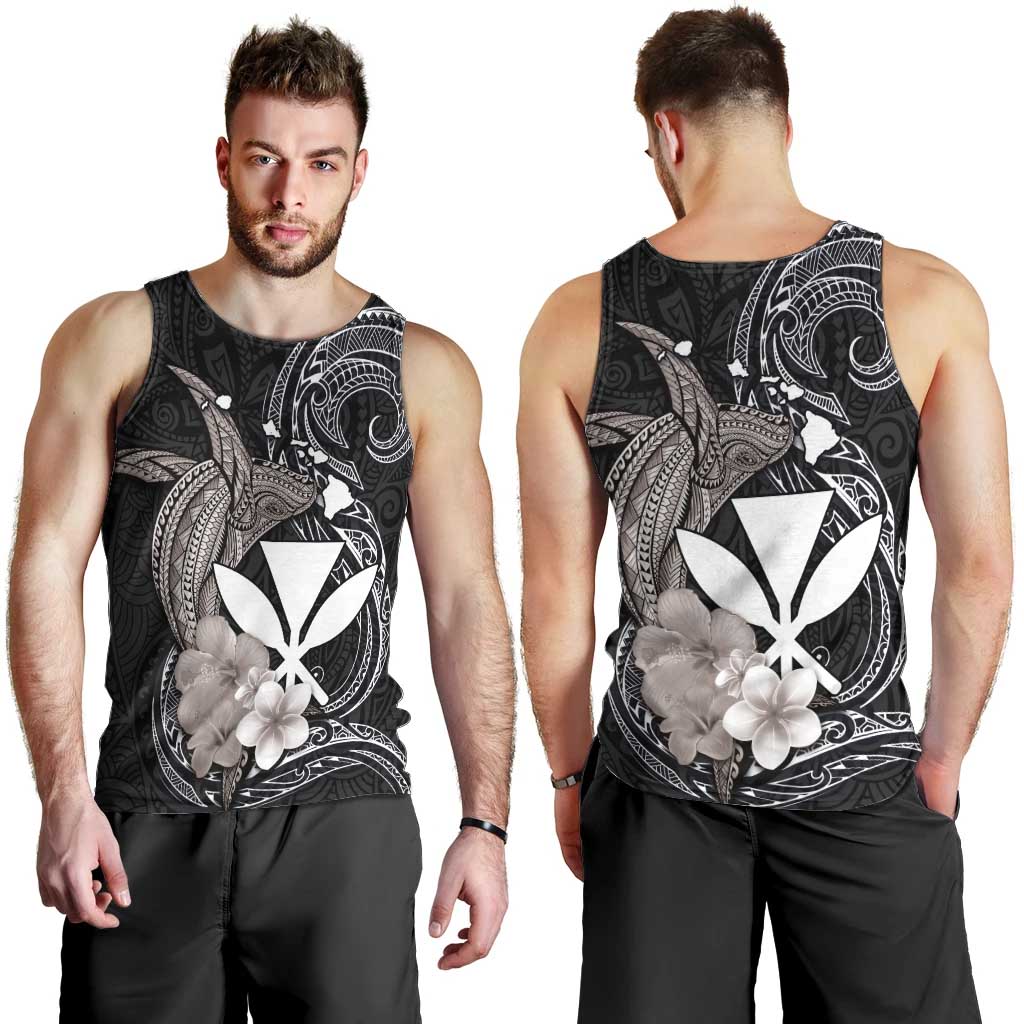 Hawaiian Whale and Kanaka Maoli Symbol Men Tank Top Hibiscus with Hawaii Map and Polynesian Tattoo Grayscale Color LT03 - Polynesian Pride