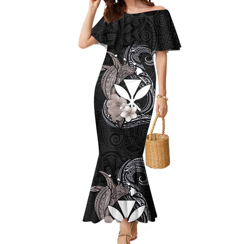 Hawaiian Whale and Kanaka Maoli Symbol Mermaid Dress Hibiscus with Hawaii Map and Polynesian Tattoo Grayscale Color LT03 Women Black - Polynesian Pride