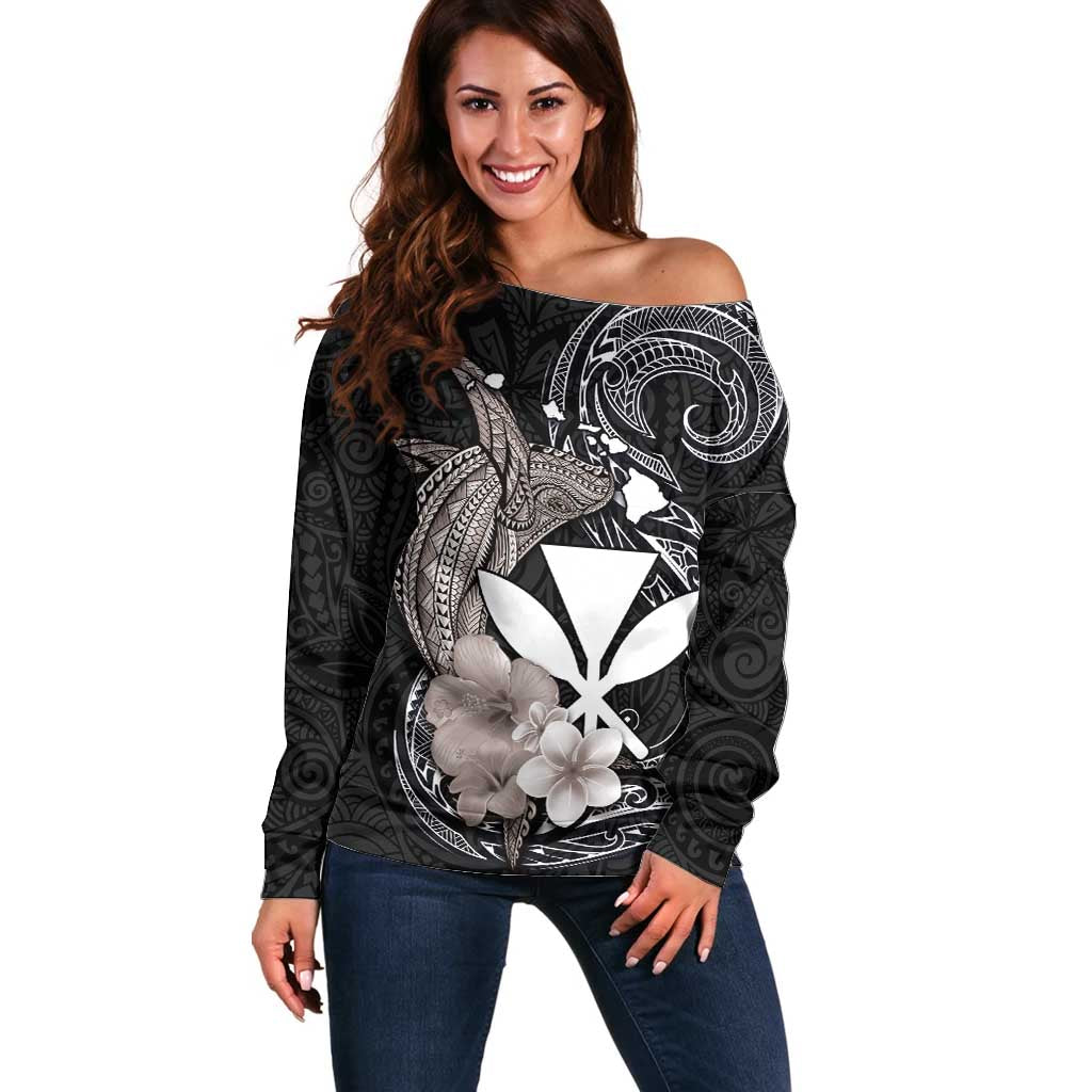 Hawaiian Whale and Kanaka Maoli Symbol Off Shoulder Sweater Hibiscus with Hawaii Map and Polynesian Tattoo Grayscale Color LT03 Women Black - Polynesian Pride
