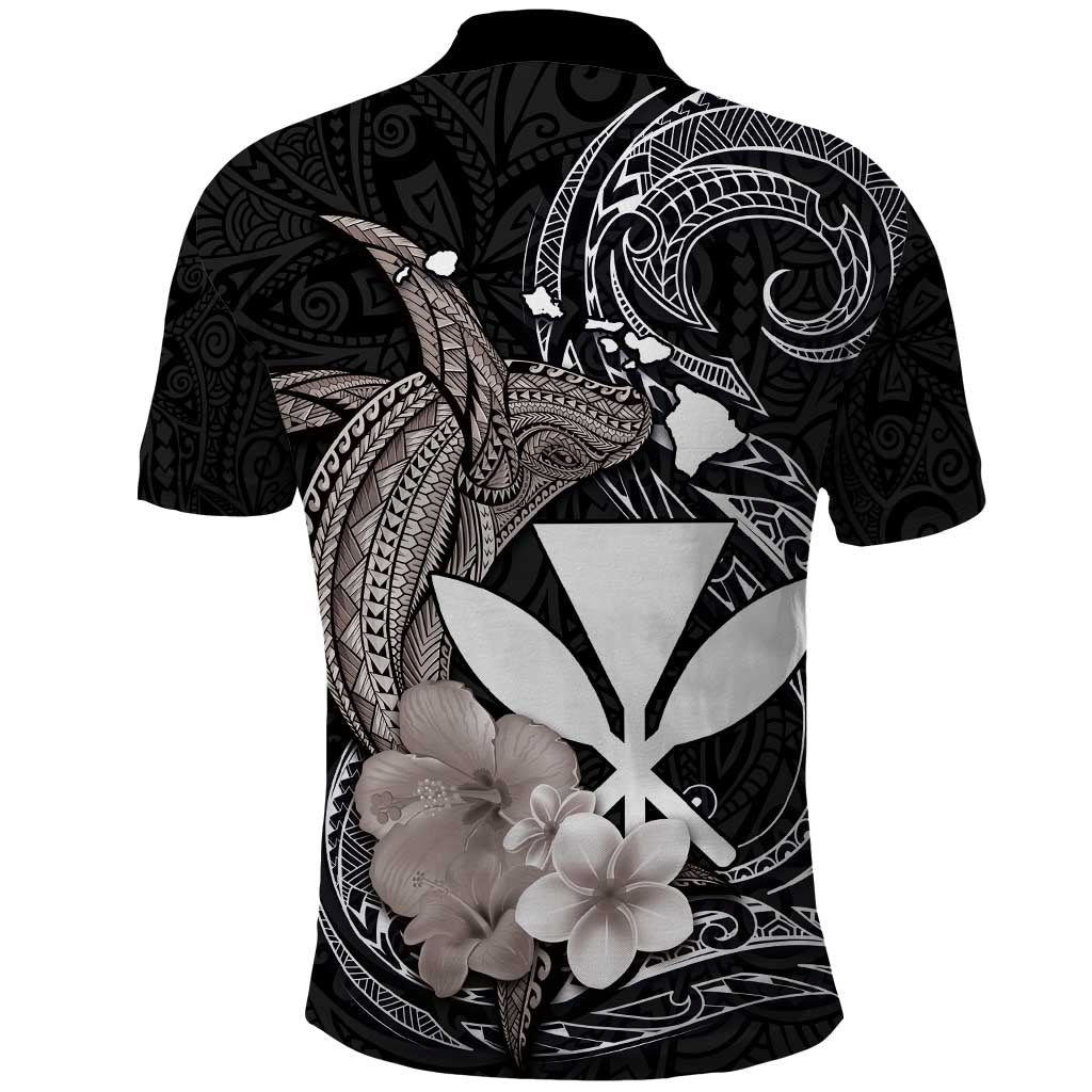 Hawaiian Whale and Kanaka Maoli Symbol Polo Shirt Hibiscus with Hawaii Map and Polynesian Tattoo Grayscale Color LT03 - Polynesian Pride