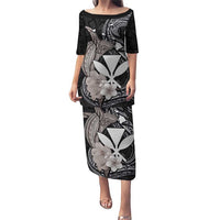 Hawaiian Whale and Kanaka Maoli Symbol Puletasi Hibiscus with Hawaii Map and Polynesian Tattoo Grayscale Color LT03 Long Dress Black - Polynesian Pride