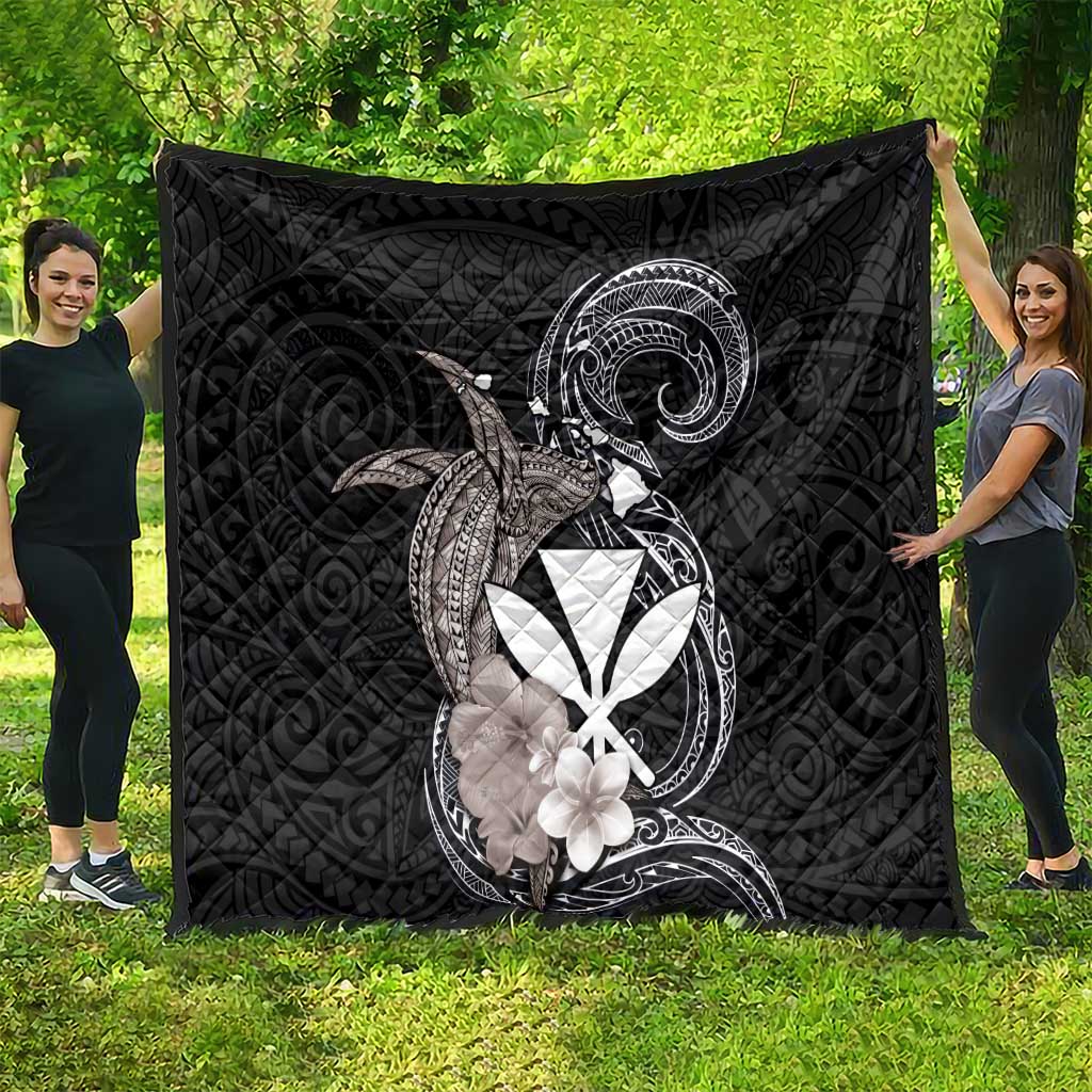 Hawaiian Whale and Kanaka Maoli Symbol Quilt Hibiscus with Hawaii Map and Polynesian Tattoo Grayscale Color LT03 - Polynesian Pride