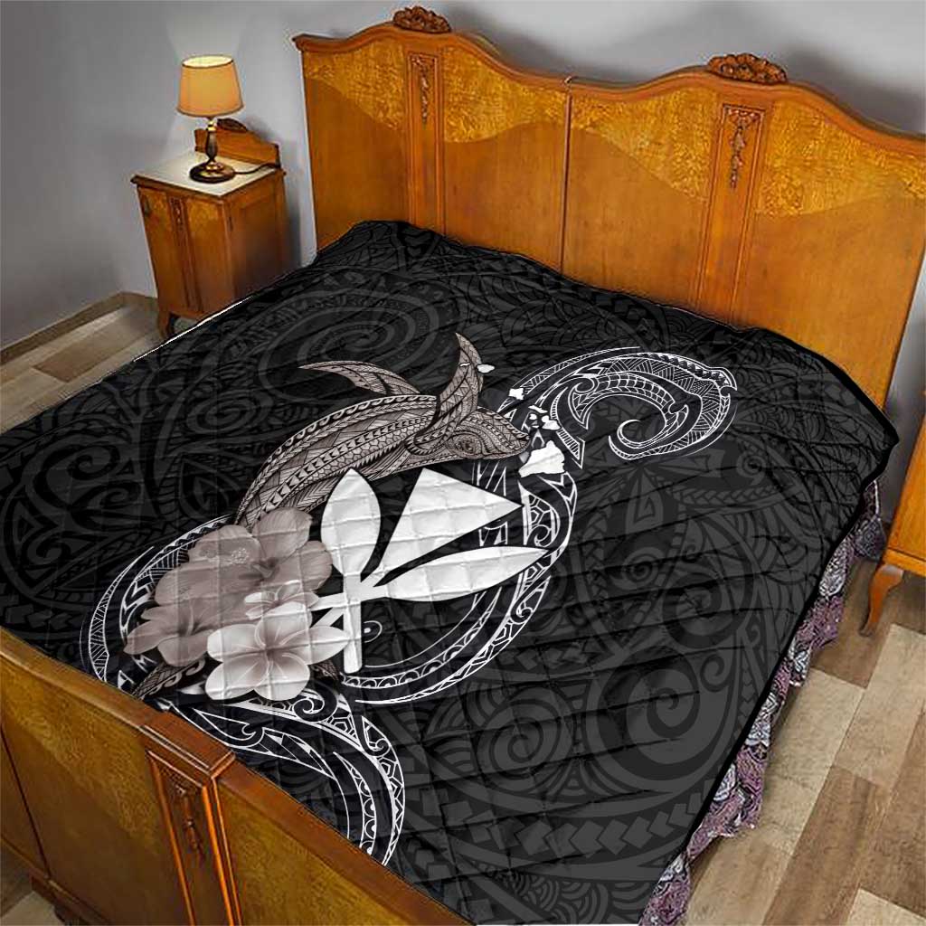 Hawaiian Whale and Kanaka Maoli Symbol Quilt Hibiscus with Hawaii Map and Polynesian Tattoo Grayscale Color LT03 - Polynesian Pride