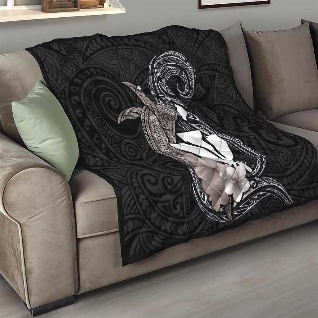 Hawaiian Whale and Kanaka Maoli Symbol Quilt Hibiscus with Hawaii Map and Polynesian Tattoo Grayscale Color LT03 - Polynesian Pride