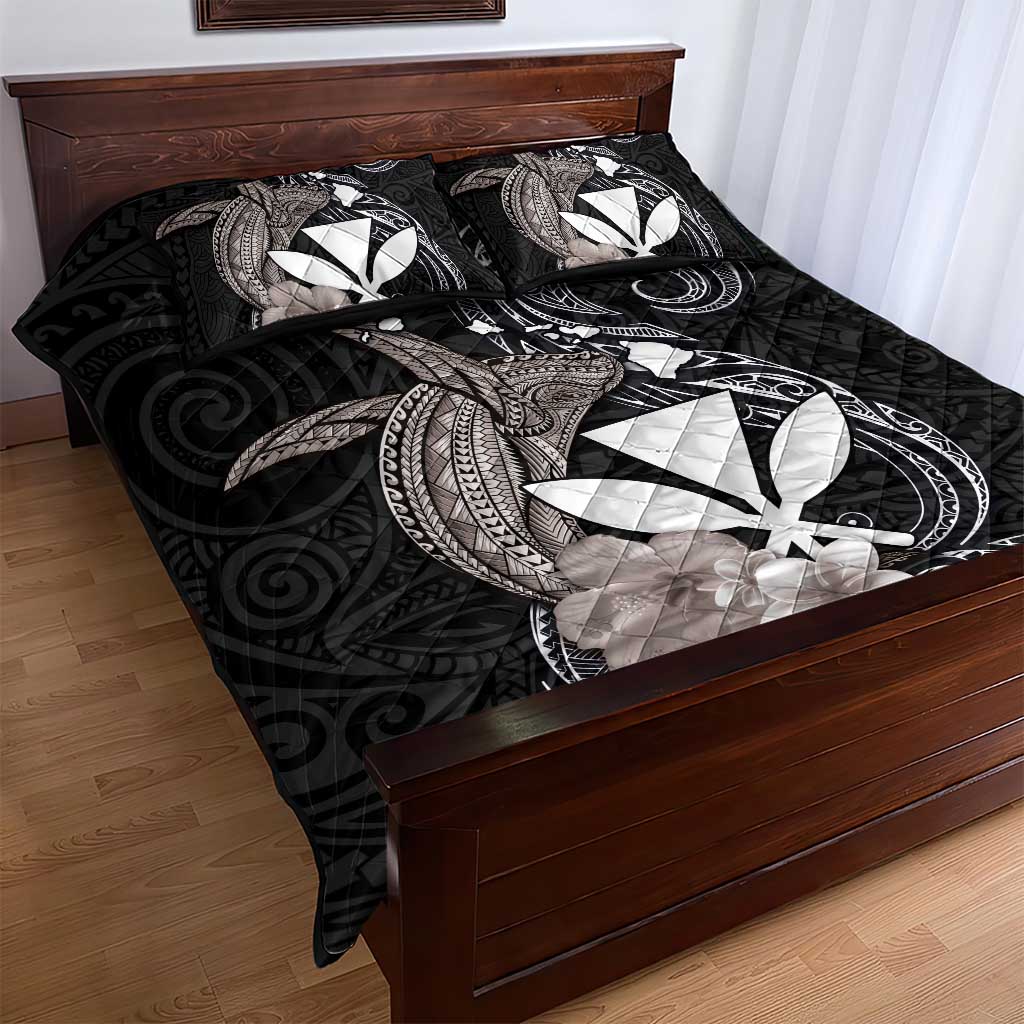 Hawaiian Whale and Kanaka Maoli Symbol Quilt Bed Set Hibiscus with Hawaii Map and Polynesian Tattoo Grayscale Color LT03 - Polynesian Pride