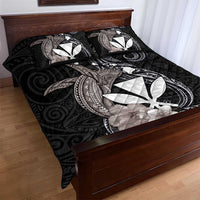 Hawaiian Whale and Kanaka Maoli Symbol Quilt Bed Set Hibiscus with Hawaii Map and Polynesian Tattoo Grayscale Color LT03 - Polynesian Pride