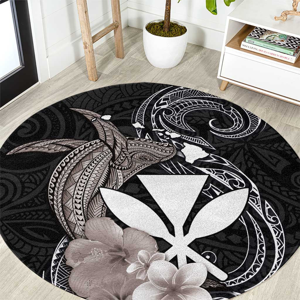 Hawaiian Whale and Kanaka Maoli Symbol Round Carpet Hibiscus with Hawaii Map and Polynesian Tattoo Grayscale Color LT03 Black - Polynesian Pride