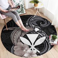 Hawaiian Whale and Kanaka Maoli Symbol Round Carpet Hibiscus with Hawaii Map and Polynesian Tattoo Grayscale Color LT03 - Polynesian Pride
