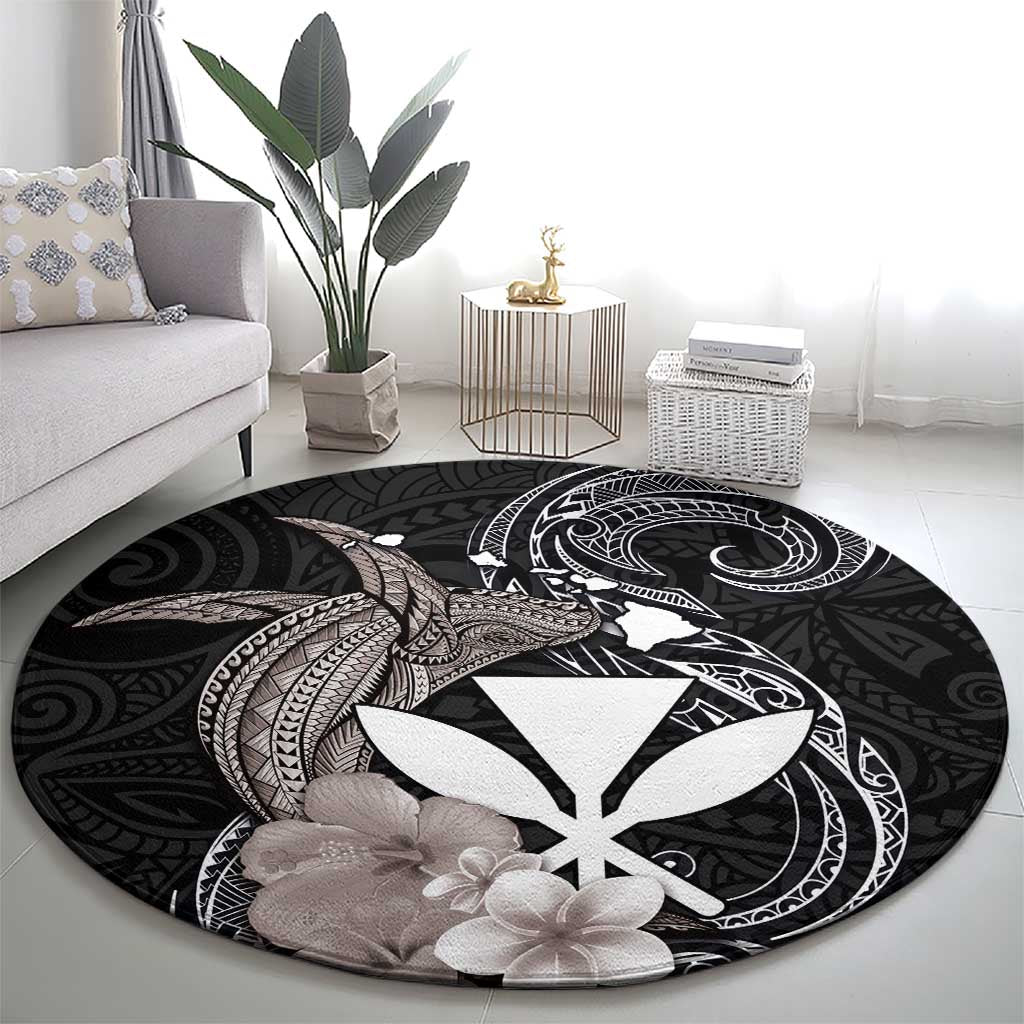 Hawaiian Whale and Kanaka Maoli Symbol Round Carpet Hibiscus with Hawaii Map and Polynesian Tattoo Grayscale Color LT03 - Polynesian Pride