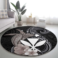 Hawaiian Whale and Kanaka Maoli Symbol Round Carpet Hibiscus with Hawaii Map and Polynesian Tattoo Grayscale Color LT03 - Polynesian Pride