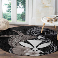 Hawaiian Whale and Kanaka Maoli Symbol Round Carpet Hibiscus with Hawaii Map and Polynesian Tattoo Grayscale Color LT03 - Polynesian Pride