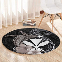 Hawaiian Whale and Kanaka Maoli Symbol Round Carpet Hibiscus with Hawaii Map and Polynesian Tattoo Grayscale Color LT03 - Polynesian Pride