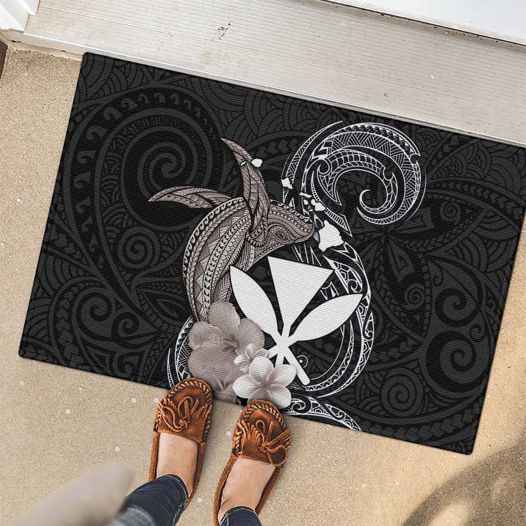Hawaiian Whale and Kanaka Maoli Symbol Rubber Doormat Hibiscus with Hawaii Map and Polynesian Tattoo Grayscale Color LT03 - Polynesian Pride