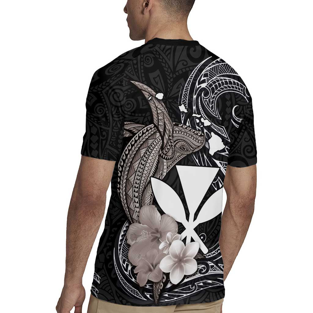 Hawaiian Whale and Kanaka Maoli Symbol Rugby Jersey Hibiscus with Hawaii Map and Polynesian Tattoo Grayscale Color LT03 - Polynesian Pride