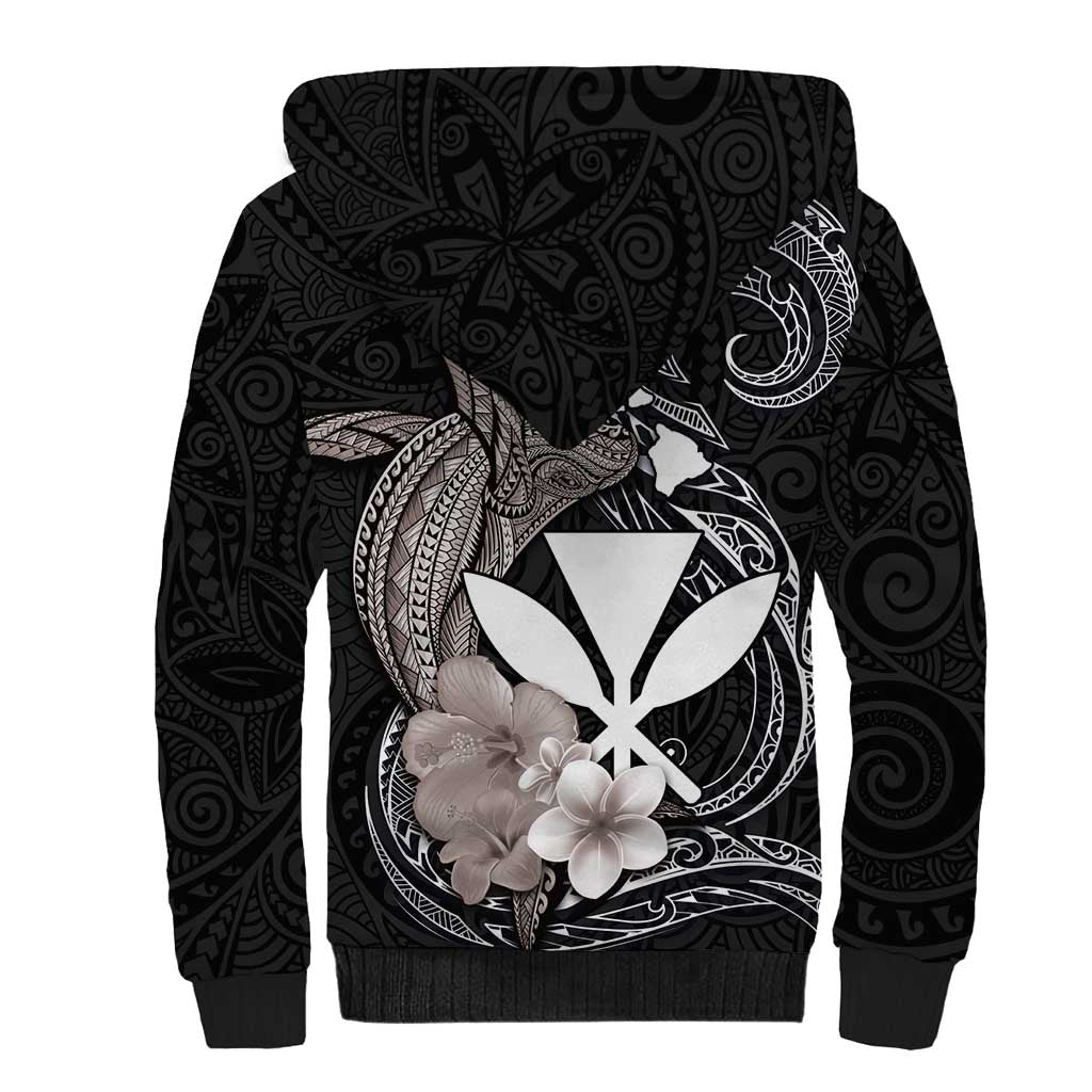 Hawaiian Whale and Kanaka Maoli Symbol Sherpa Hoodie Hibiscus with Hawaii Map and Polynesian Tattoo Grayscale Color LT03 - Polynesian Pride