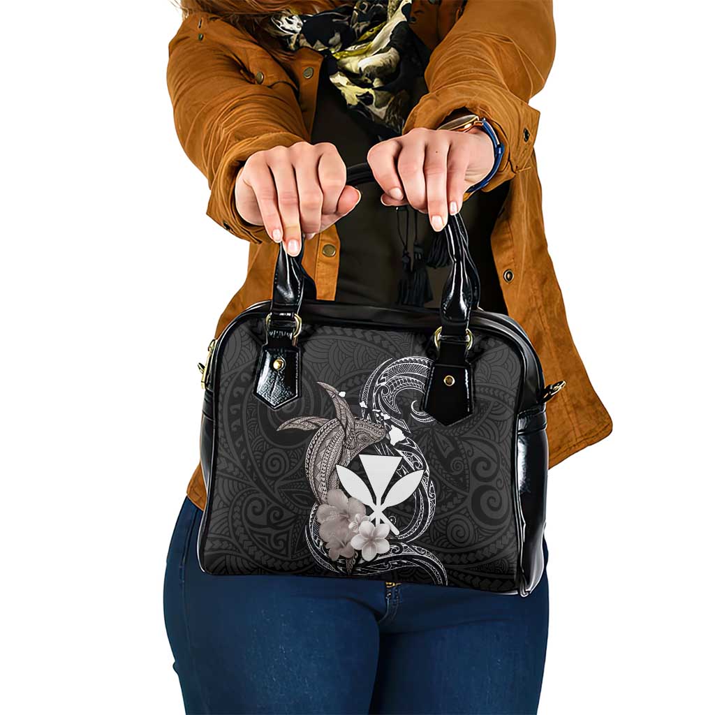 Hawaiian Whale and Kanaka Maoli Symbol Shoulder Handbag Hibiscus with Hawaii Map and Polynesian Tattoo Grayscale Color LT03 One Size Black - Polynesian Pride