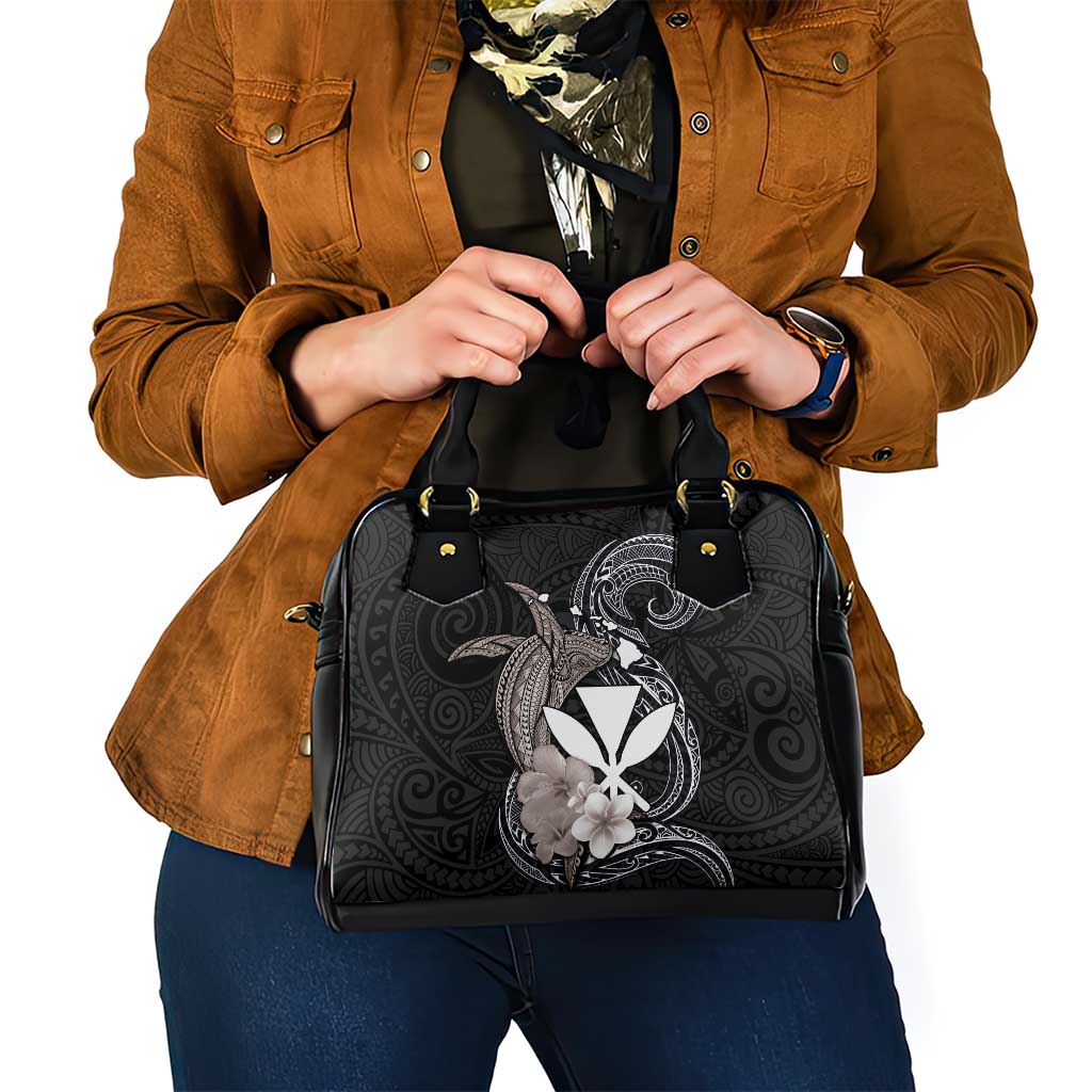 Hawaiian Whale and Kanaka Maoli Symbol Shoulder Handbag Hibiscus with Hawaii Map and Polynesian Tattoo Grayscale Color LT03 - Polynesian Pride